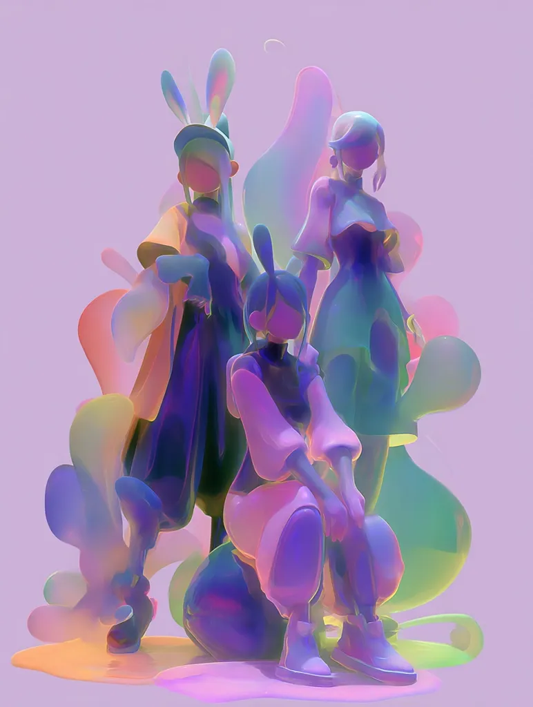 Three stylized female figures, rendered in a vibrant, iridescent palette, stand amidst abstract, fluid shapes.  Two wear bunny ears, suggesting a playful theme. Their forms are smooth and glossy, with a blend of pastel purple, pink, and yellow tones.  The overall aesthetic is dreamy and surreal, evoking a sense of fantasy. The figures appear to be posed casually, with one seated.