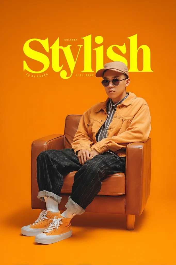 A stylish young man, wearing an orange denim jacket, pinstripe trousers, and mustard-colored high-top sneakers, sits relaxed in a brown leather armchair against a vibrant orange backdrop.  The word "Stylish" in a bold yellow font dominates the background, enhancing the image's theme.  He wears a beige cap and sunglasses, completing a trendy and confident look.