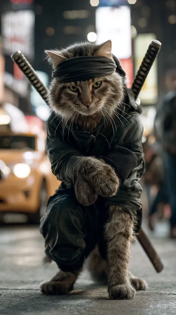 A gray tabby cat, dressed in a dark ninja-style outfit, crouches on a city street.  Two katanas are strapped to its back.  The cat's serious expression and the urban background create a humorous juxtaposition of feline cuteness and martial arts imagery.  The lighting suggests a nighttime setting.