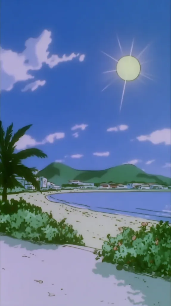 A serene anime-style beach scene unfolds under a bright sun.  A calm sea laps a sandy shore, fringed by lush green vegetation.  In the background, low green hills rise, topped with a small town's buildings.  The sky is a clear, pale blue, dotted with fluffy white clouds, creating a tranquil and idyllic summer atmosphere.  A palm tree partially obscures the view from the foreground.