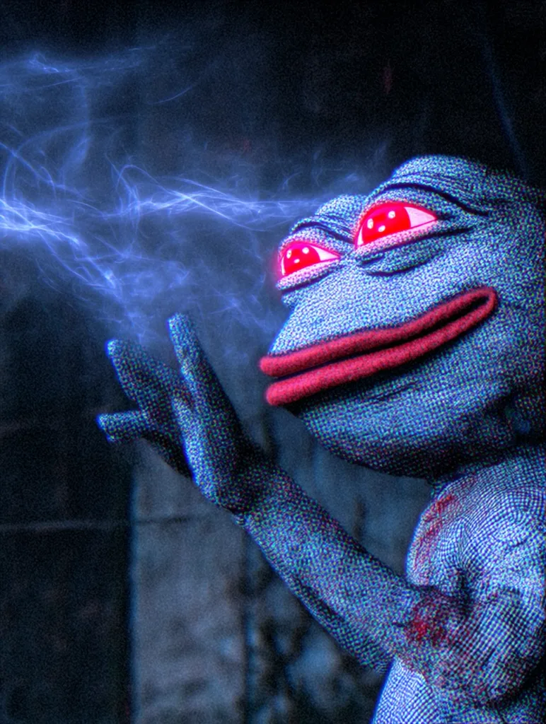 A stylized Pepe the Frog figure, rendered in a dark, gritty aesthetic, is depicted emanating blue energy from its hands.  Its eyes glow red, and the figure appears slightly damaged or bloody, adding to its ominous aura. The background is dark and indistinct, focusing attention on the frog's mystical power.  The image is digitally created, showcasing a blend of digital art and meme culture.