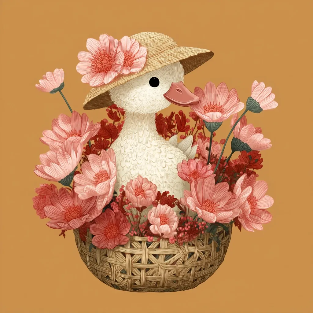 A charming illustration features a fluffy white duckling wearing a straw hat, nestled within a woven basket overflowing with delicate pink and red flowers. The duckling's soft plumage and the vibrant blooms create a whimsical and endearing scene against a warm, muted orange background.  The overall style is reminiscent of vintage botanical illustrations with a touch of modern whimsy.