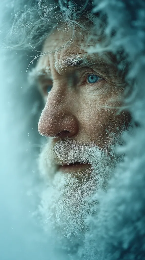 A close-up portrait of an older man's face, heavily coated in frost.  His weathered skin and long beard are encrusted with ice crystals, his blue eyes gazing off into the distance. The overall image is a study in texture and the harshness of a frigid environment. The muted teal tones create a cold, atmospheric mood.