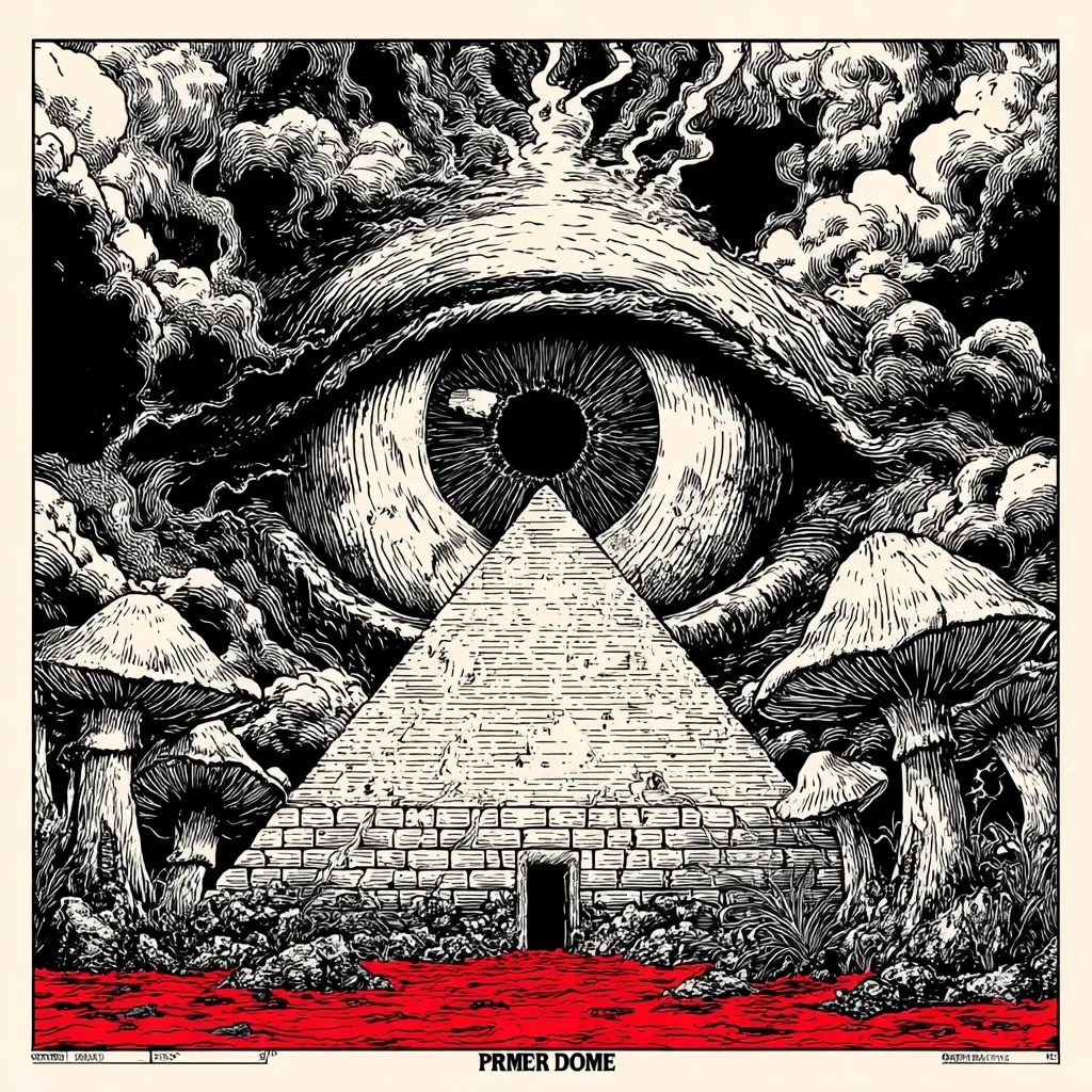 A black and white illustration features a giant eye overlooking a pyramid situated amidst a landscape of mushrooms.  The style is reminiscent of a woodcut or etching, with intricate detail and heavy shading. Blood-red water pools at the base of the pyramid, adding a surreal and ominous quality to the scene. The overall impression is one of psychedelic mystery and possibly occult symbolism.  "PRMER DOME" is signed at the bottom.