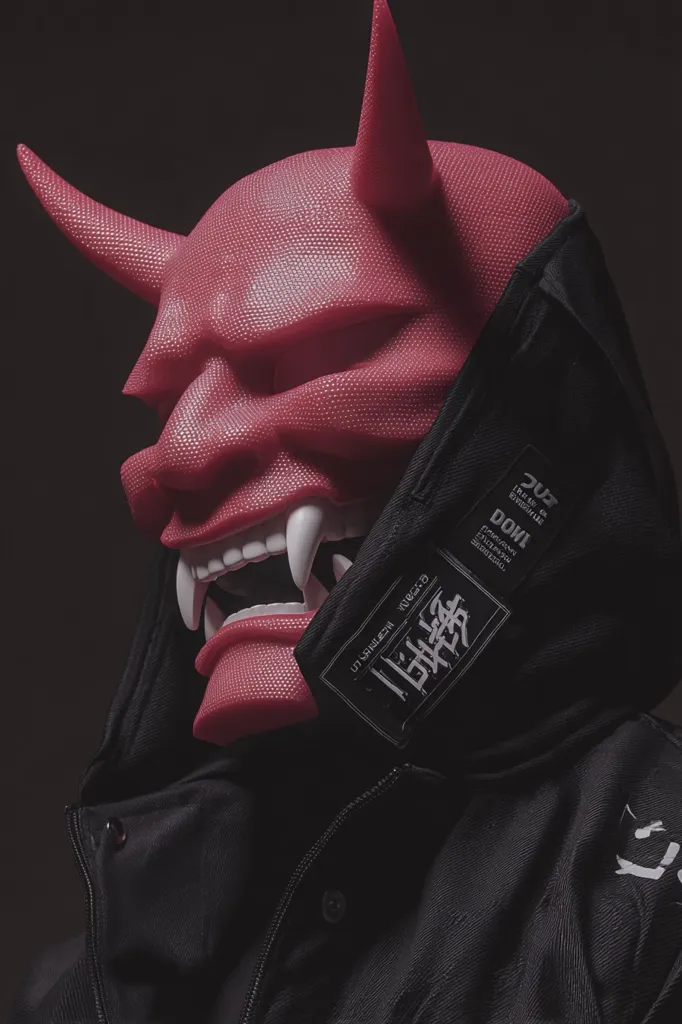 A close-up shot reveals a person wearing a black hooded jacket and a vibrant pink oni mask. The mask, detailed with textured horns and sharp teeth, is a striking contrast against the dark clothing.  A small, rectangular tag with Asian characters is visible on the jacket, adding to the image's edgy, streetwear aesthetic. The dark background emphasizes the mask's intense color and the overall mysterious vibe.