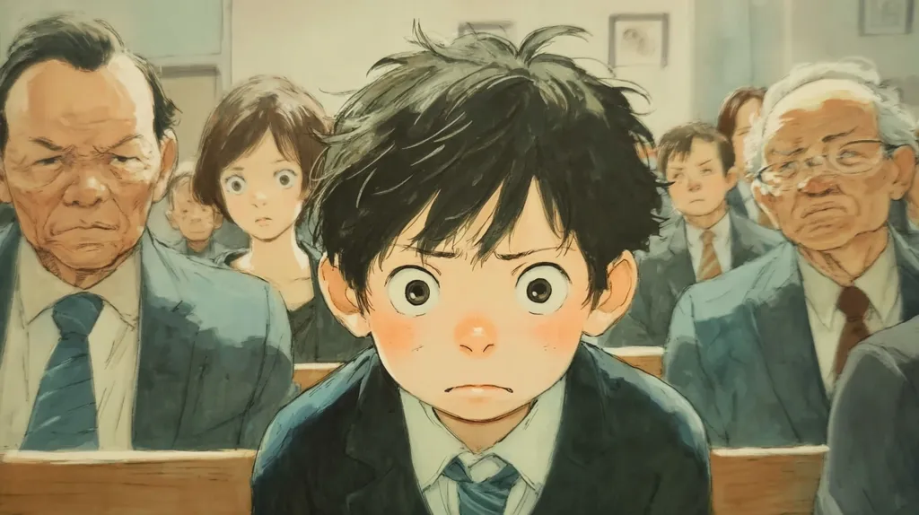 A young boy with large eyes sits solemnly in a pew, surrounded by older adults in suits.  The scene is somber, possibly a funeral or memorial service.  The boy's expression is one of quiet contemplation or sadness, mirroring the mood of those around him. The art style is soft and painterly, with muted colors and subtle details.  The overall atmosphere is pensive and reflective.