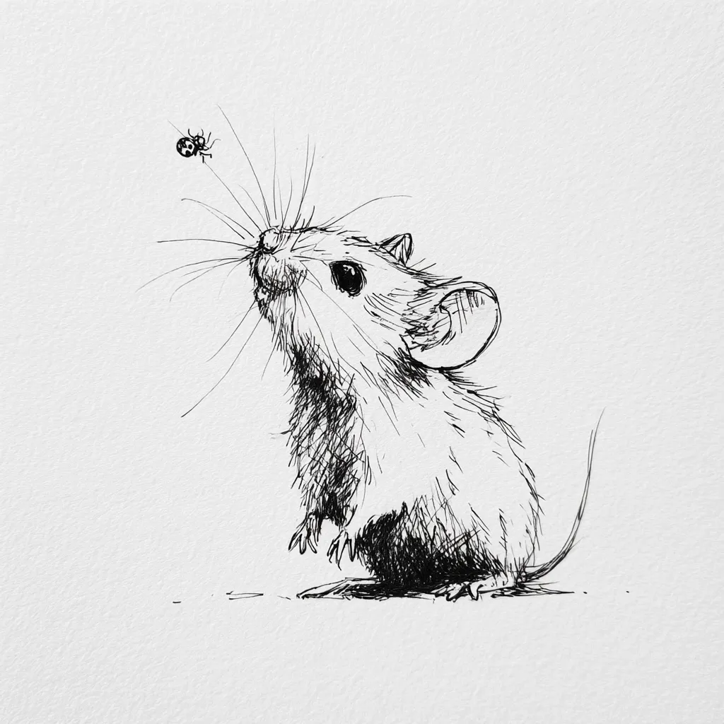 A charming ink drawing depicts a small mouse looking upward, its whiskers extended towards a tiny ladybug.  The mouse is rendered with meticulous detail, showing its fur texture and expressive eyes. The simple background emphasizes the subject, creating a delicate and whimsical piece.  The style is reminiscent of nature illustration, conveying a sense of curiosity and gentle observation.