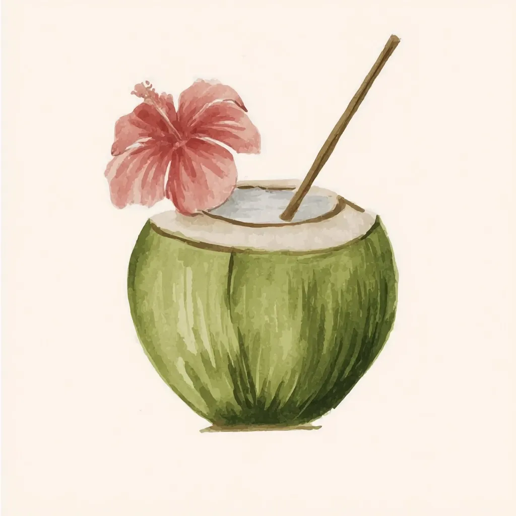 A watercolor painting depicts a refreshing coconut drink.  A green coconut, halved to reveal its creamy liquid, is adorned with a delicate pink hibiscus flower. A slender straw adds a touch of elegance. The style is simple yet evocative of tropical paradise. The soft color palette and loose brushstrokes create a calming and idyllic scene.