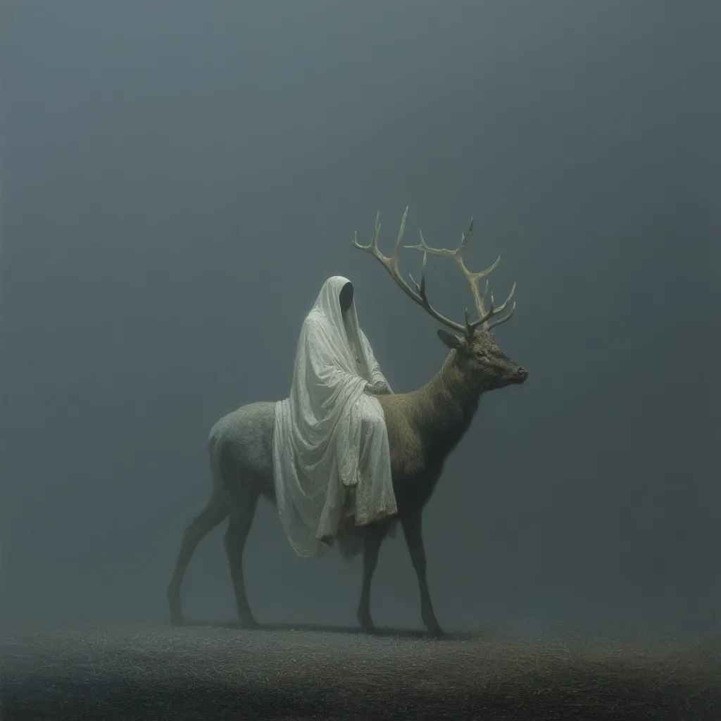 A cloaked figure, shrouded in white, sits atop a large elk with majestic antlers.  The scene is enveloped in a thick, ethereal fog, lending an air of mystery and otherworldliness. The muted color palette and the figure's anonymity create a sense of quiet contemplation and journey into the unknown. The overall mood is serene yet enigmatic.