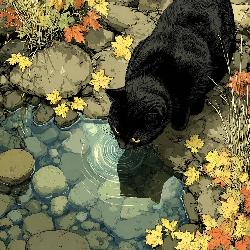 A sleek black cat with luminous yellow eyes gazes intently at its reflection in a tranquil pool of water nestled amongst autumnal rocks.  Yellow and orange maple leaves scatter around the serene scene, creating a vibrant contrast against the dark fur of the feline and the cool tones of the water and stones.  Ripples spread from the cat's reflection, adding a sense of calm movement to the otherwise still image.