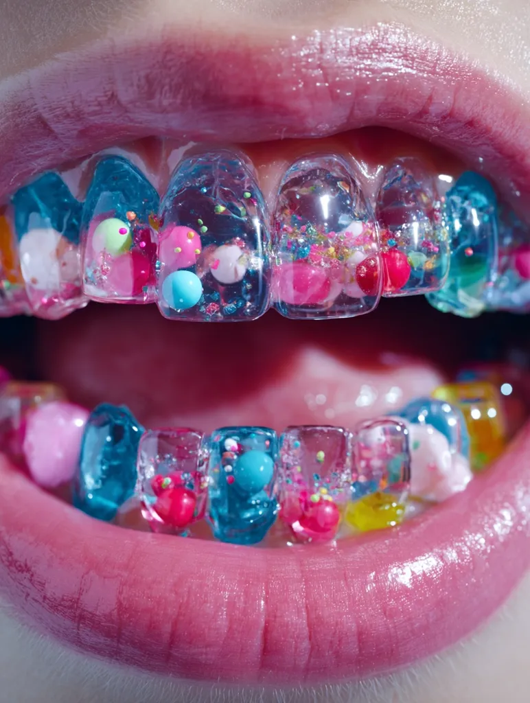 Close-up of a mouth with transparent braces filled with colorful candies and sprinkles.  The braces are a vibrant teal and pink, and the candies are a mix of various pastel shades.  The lips are a glossy pink, creating a striking contrast against the bright, playful orthodontic embellishment.  The image is highly saturated and stylized.