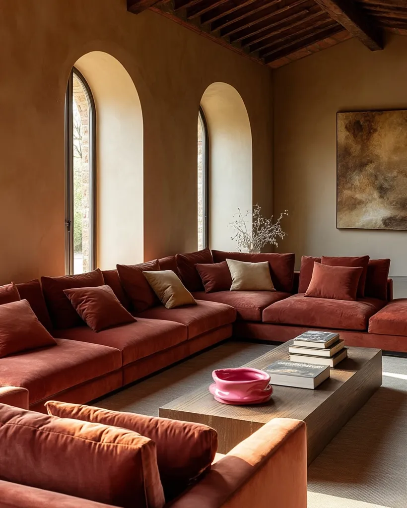 A spacious, rustic-chic living room features a large, L-shaped burnt-orange velvet sectional sofa.  Three arched windows flood the room with natural light, complementing the warm, earthy tones of the walls and wooden ceiling beams. A low coffee table holds a stack of books and a vibrant pink bowl, adding pops of color to the otherwise muted palette.  A large abstract painting hangs on the wall, completing the sophisticated and relaxed atmosphere.