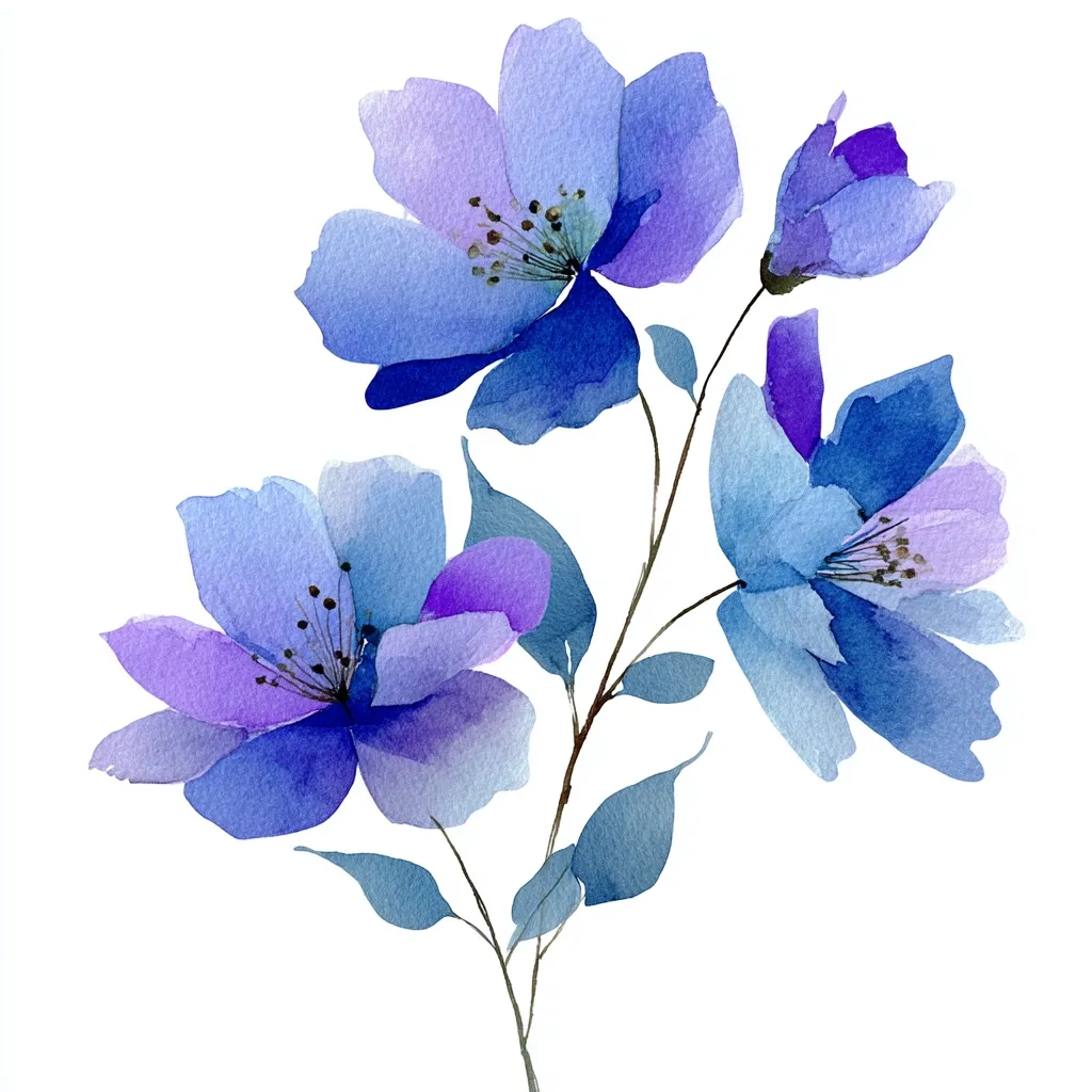 A watercolor painting depicts a delicate floral arrangement.  Three large, stylized blossoms in shades of blue and purple dominate the composition, their petals subtly blending colors. Smaller buds and leaves in muted blues and greens complete the image, creating a serene and elegant feel against a white background.  The loose, flowing style of the watercolor emphasizes the ethereal quality of the flowers.
