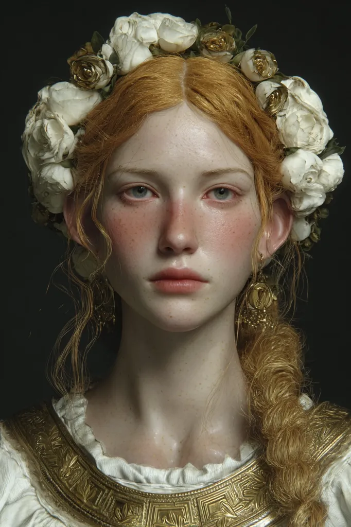 A digital portrait of a young woman with fair skin and auburn hair, adorned with a crown of white roses and gold accents.  She wears a white garment with a gold neckline, and delicate gold earrings. Her expression is serene and her gaze is direct, creating a classical and elegant aesthetic. The image is highly detailed, resembling a meticulously crafted painting or sculpture.