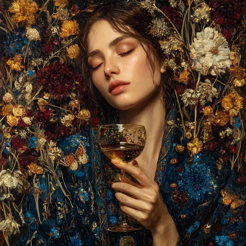 A woman with eyes closed rests amidst a vibrant tapestry of dried flowers.  She holds a stemmed glass of golden liquid, her hand delicate against the ornate glass.  Her dark hair blends with the rich, autumnal hues of the floral arrangement.  The painting’s dark background and intricate details create a moody, romantic atmosphere. The woman’s serene expression suggests contemplation or peaceful enjoyment.