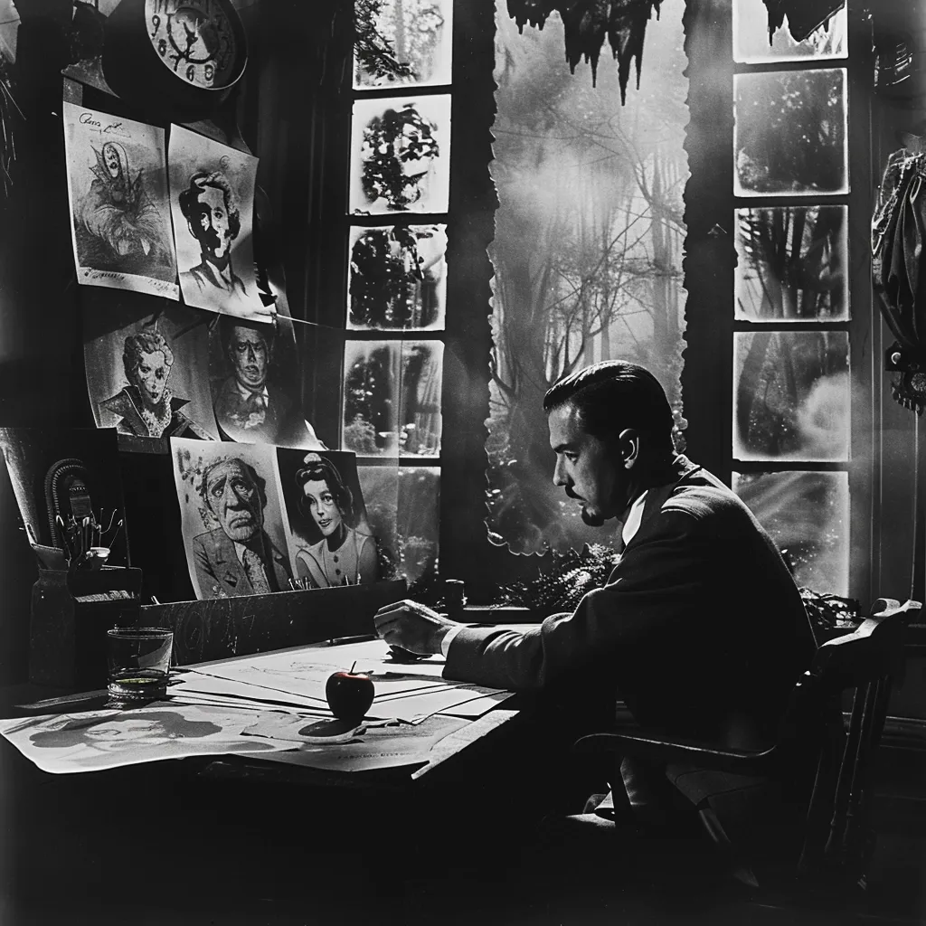 A monochromatic image depicts a man seated at a desk, engrossed in his work.  Surrounding him are numerous sketches and portraits pinned to a wall, hinting at an artistic profession.  The setting is a dimly lit room, with a large window overlooking a misty, atmospheric landscape.  The overall mood is dark and evocative, suggestive of mystery or introspection. An apple rests on the desk amidst scattered papers.