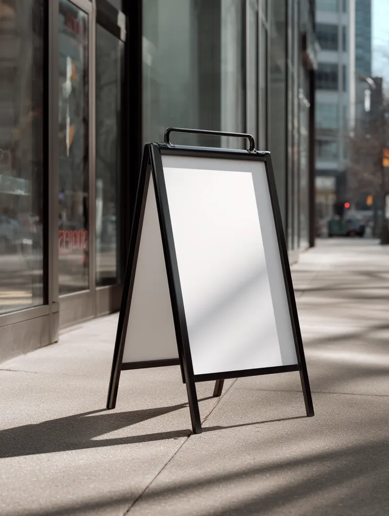 A blank, A-frame sidewalk sign stands outside a modern building.  The sign is black metal with a white, rectangular insert.  The background is blurred, showing a city street and glass storefront.  Sunlight casts shadows on the pavement. The sign is ready for customized advertising or messaging.