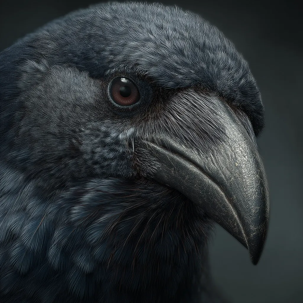 Close-up of a crow's head and beak.  The image is dark and moody, highlighting the bird's intense gaze and textured feathers.  The crow's eye is a striking amber color, contrasting against its dark plumage.  The detail emphasizes the bird's sharp beak and the intricate structure of its feathers. The overall impression is one of power and mystery.