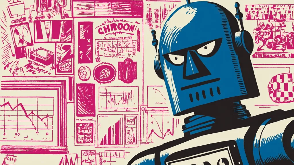 A stylized illustration features a close-up of a retro robot's head, its face conveying a stern expression.  The robot is positioned against a backdrop of numerous pink and cream-colored documents, charts, and graphs, suggesting a busy, data-driven environment.  The overall style is reminiscent of vintage comic book art or mid-century graphic design. The juxtaposition of the robot with the paperwork creates a visual narrative hinting at themes of automation, technology, and information overload.