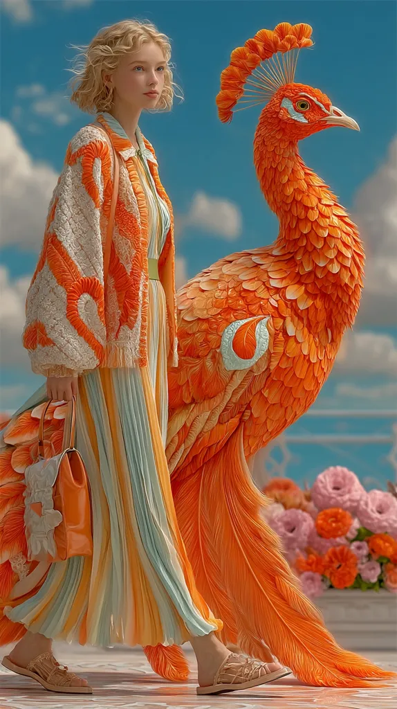 A young woman with blonde, curly hair walks alongside a vibrant, orange peacock.  She wears a flowing, pleated pastel dress and an intricately embroidered orange cardigan.  The scene is idyllic, set against a bright blue sky and a backdrop of pink and orange flowers, creating a surreal and whimsical atmosphere.  She carries an orange handbag, complementing the peacock's plumage.