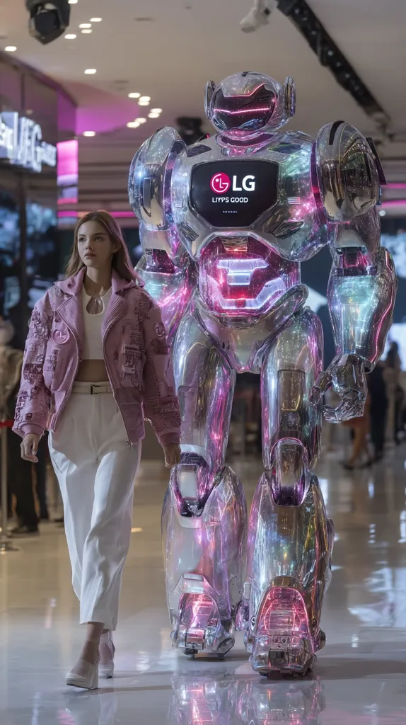 A woman in a pink jacket and white pants walks past a large, translucent robot in a modern shopping mall. The robot is metallic silver with purple and pink lights illuminating its interior.  The LG logo is prominently displayed on its chest.  The scene is sleek and futuristic, showcasing a blend of fashion and technology.