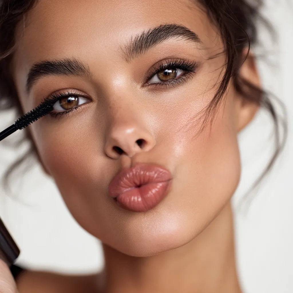 Close-up of a young woman applying mascara to her eyelashes.  She has a natural makeup look with defined eyebrows and nude lipstick. Her expression is playful, pursing her lips into a kiss. The focus is sharp on her eyes and lips, highlighting her skin's texture and flawless complexion. The background is softly blurred, drawing attention to the model's face.