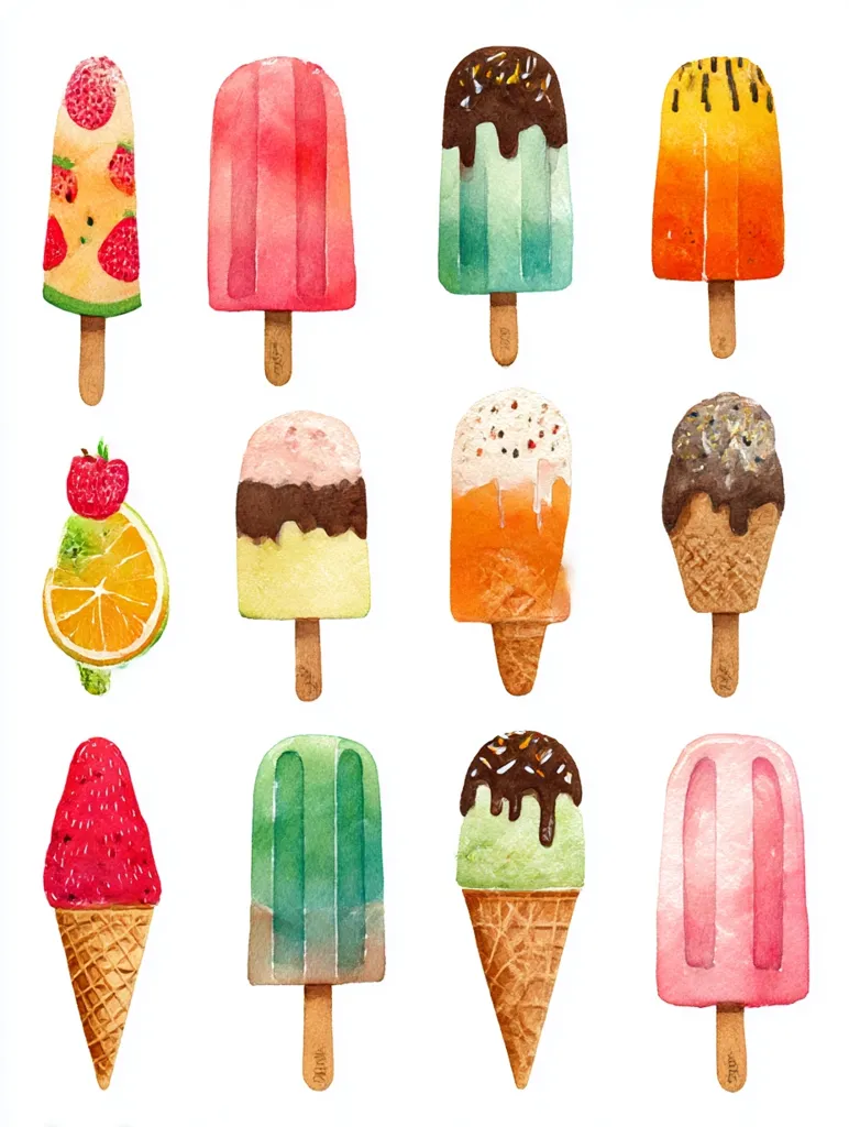 Twelve watercolor illustrations of popsicles and ice cream cones showcase a vibrant array of summery flavors.  Designs include fruit-filled popsicles, chocolate-dipped options, and layered creations.  The bright colors and whimsical style evoke a cheerful and refreshing feeling, perfect for a summer-themed design.
