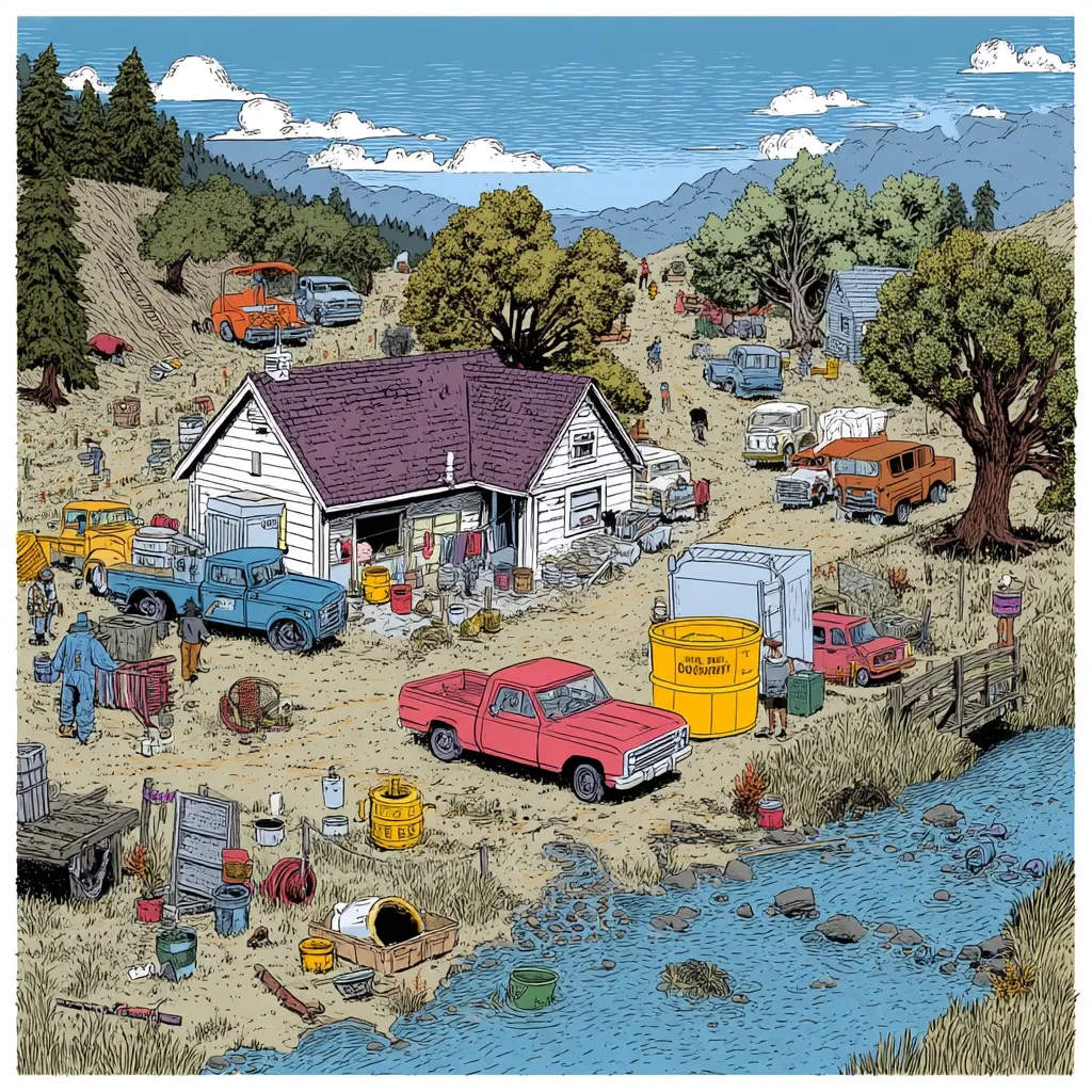 A rural scene unfolds, depicting a cluttered farmhouse surrounded by various vehicles and people.  Numerous trucks, cars, and other equipment are scattered across the property and a nearby dirt road.  A stream meanders through the lower portion of the image,  and a collection of buckets and containers suggests a work or cleanup operation.  The overall style is reminiscent of a detailed illustration or comic book art. The background showcases a hilly landscape with trees under a partly cloudy sky.
