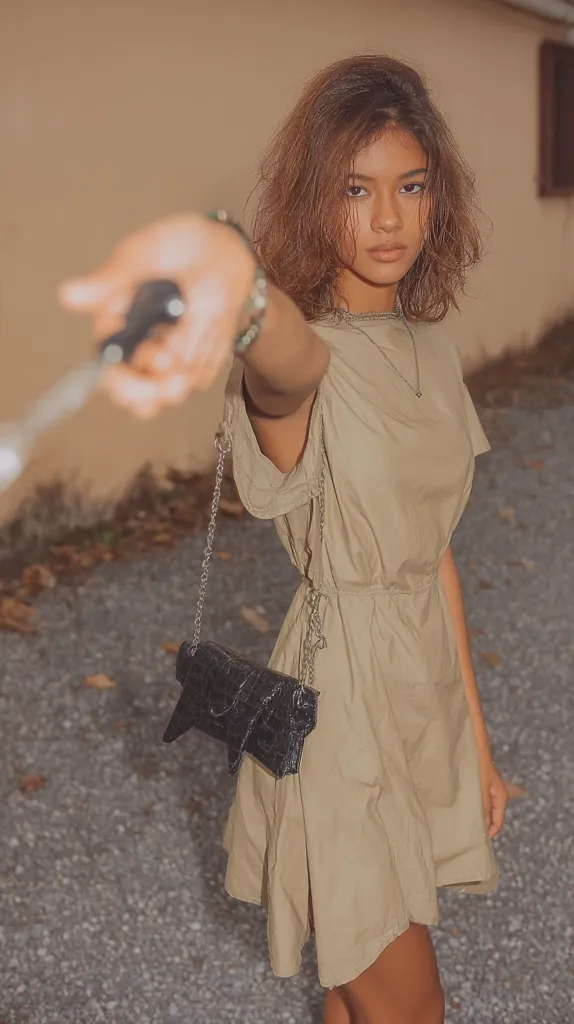 A young woman with shoulder-length brown hair poses outdoors, holding a selfie stick. She wears a light beige, loose-fitting short dress cinched at the waist and carries a small black purse with a chain strap.  Her expression is serious, and she looks directly at the camera. The background is a neutral-toned wall and gravelly ground.