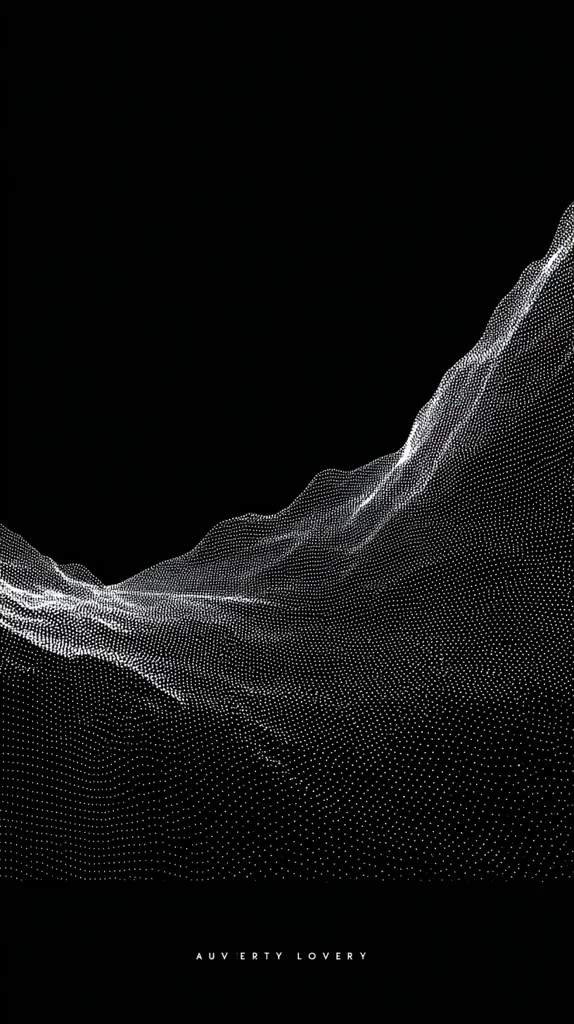 The image showcases a minimalist abstract design.  A dark background contrasts sharply with a flowing, undulating form composed of numerous small, white dots. The dots create the illusion of a three-dimensional landscape, resembling rolling hills or a digital terrain.  The overall effect is both sleek and ethereal.  A subtle watermark is visible at the bottom.