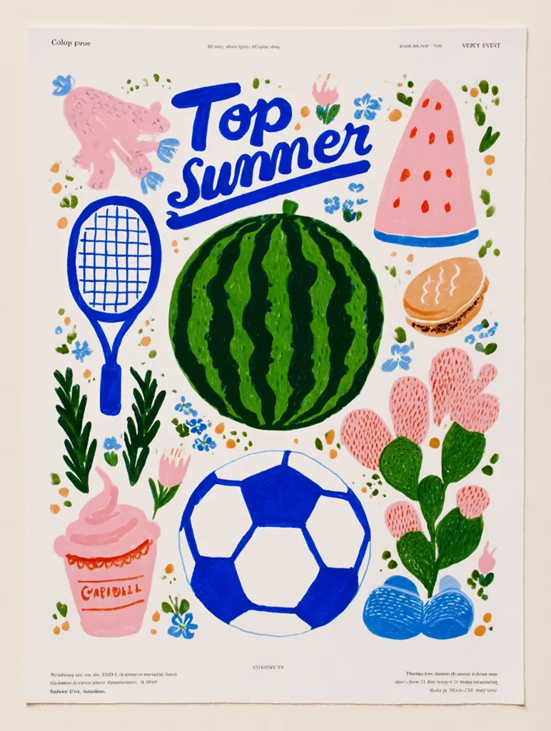 A vibrant summer-themed illustration features a whimsical assortment of objects.  A large watermelon, soccer ball, tennis racket, ice cream cup, and macaron are depicted alongside playful floral elements and a pink bear.  The words "Top Summer" are prominently displayed in bold blue lettering. The artwork is bright, cheerful, and suggestive of a carefree summer atmosphere.