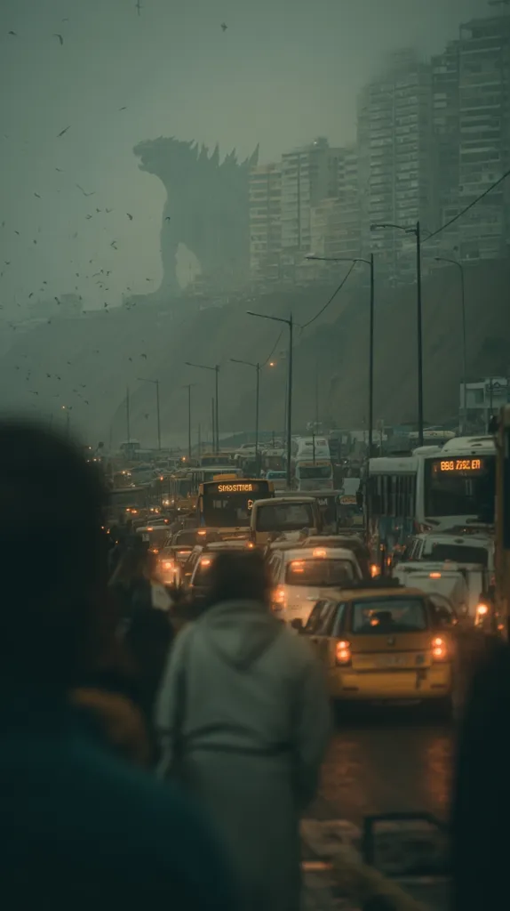 A colossal, shadowy Godzilla-like creature looms over a dense cityscape shrouded in fog.  Below, a congested roadway teems with vehicles, their headlights cutting through the atmospheric haze.  Birds fly amidst the gloomy sky, adding to the ominous atmosphere. The scene is a blend of urban sprawl and monstrous presence, suggesting an impending confrontation.