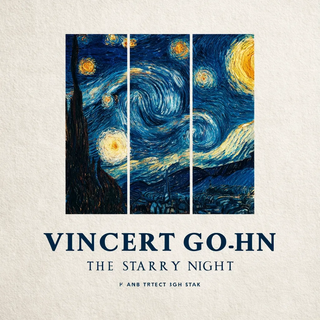 The image features a triptych of Vincent van Gogh's "The Starry Night".  The iconic painting is divided into three vertical sections, showcasing its swirling night sky, bright stars, and the village below.  Below the artwork, the artist's name and the painting's title are displayed, along with an illegible line of text.  The overall design is simple and elegant, highlighting the beauty of van Gogh's masterpiece.