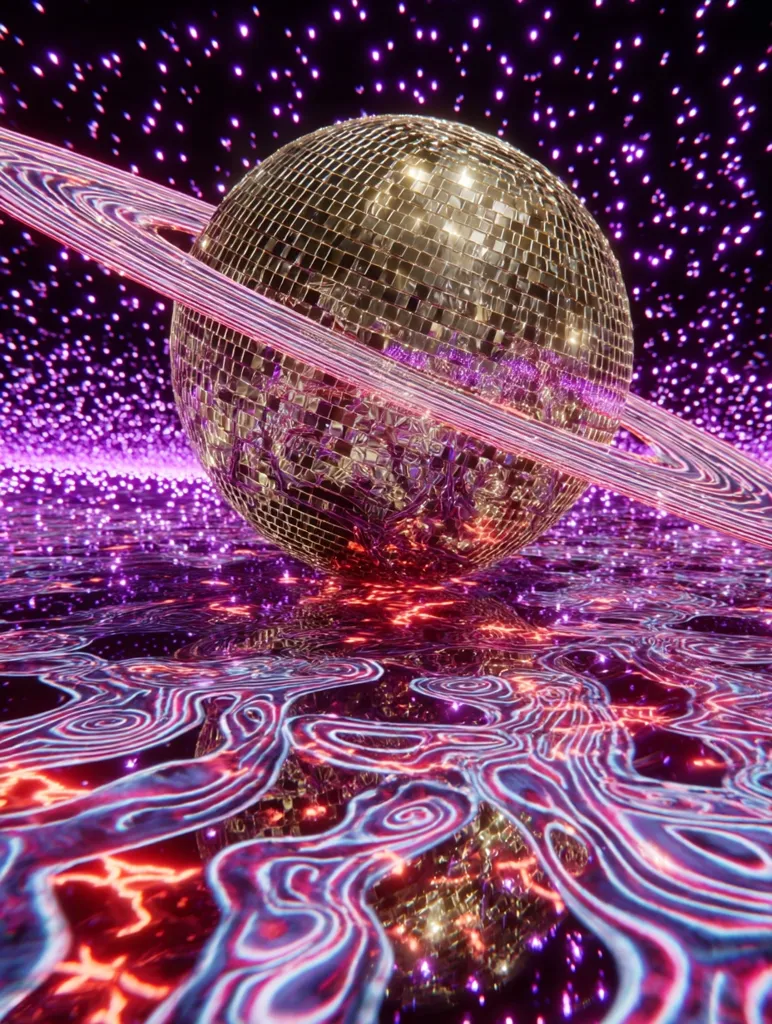 A giant disco ball, resembling a planet, is encircled by a vibrant, glowing ring system against a backdrop of purple nebula.  Its mirrored surface reflects the cosmic scene, creating a dazzling spectacle.  The reflective surface of the liquid below further enhances the psychedelic effect, mirroring swirling neon patterns of red and purple. The overall aesthetic is futuristic and vibrant.