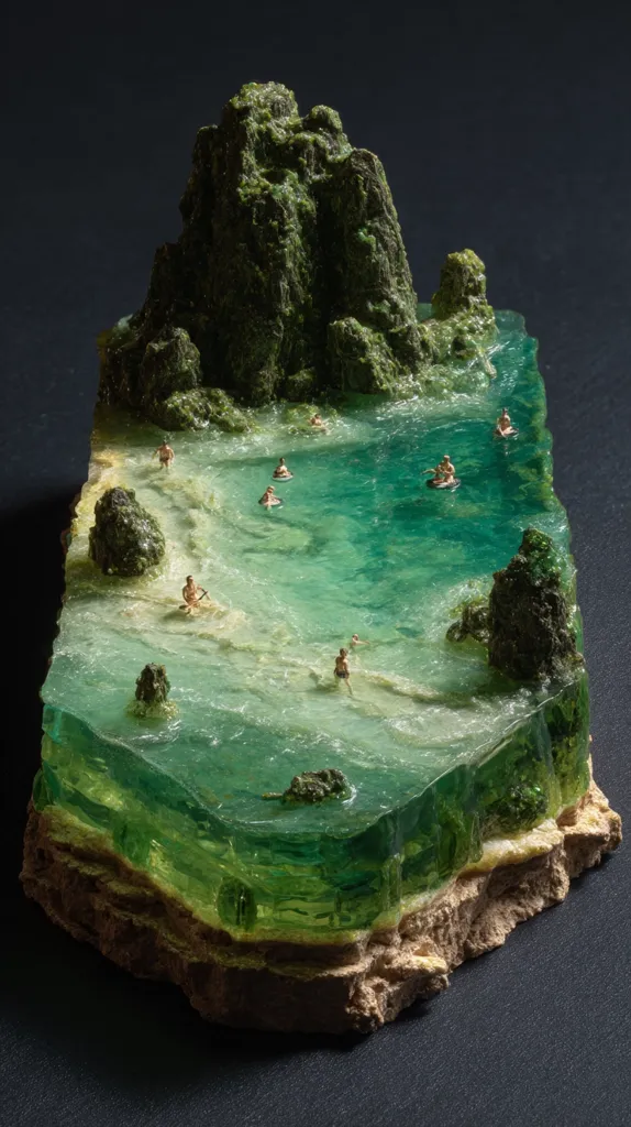 A miniature resin sculpture depicts a tranquil cove nestled within a rocky, verdant island.  Tiny figures of people are scattered across the clear, green water, some swimming, others floating on inner tubes.  The scene is detailed, capturing the texture of the rocks and the movement of the water, creating a serene and captivating miniature world.