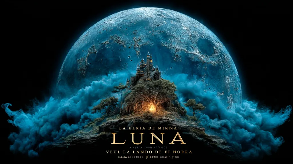 A fantasy movie poster for "Luna" features a large, blue moon dominating the frame.  A dark castle sits atop a hill shrouded in blue mist, with a fire glowing at its base.  The title "LUNA" is prominently displayed, along with smaller text suggesting a location or story details. The overall mood is dark, mysterious, and evocative of a magical realm.