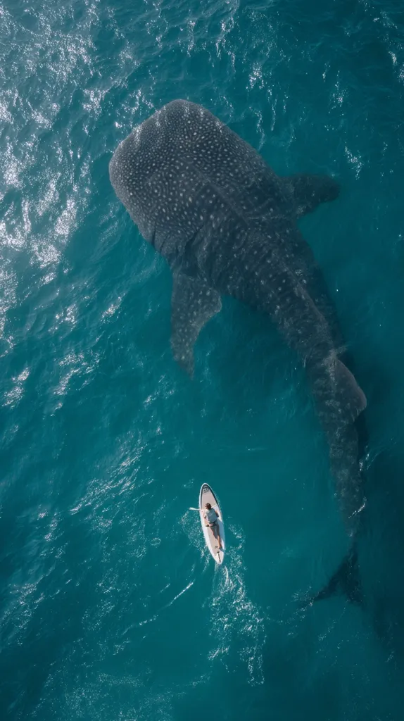 An aerial view captures a person paddleboarding in the vast ocean.  Below the surface, a colossal whale shark swims peacefully, its speckled pattern clearly visible against the turquoise water. The contrast in size between the human and the massive marine creature is striking, showcasing the immense scale of the ocean's wildlife. The scene is serene and breathtaking.