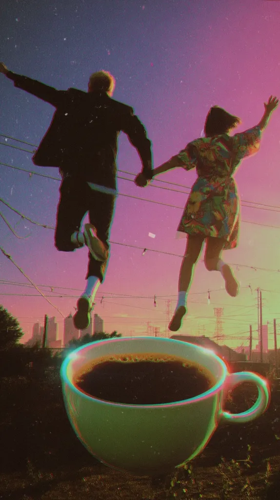 A stylized image depicts a young couple joyfully leaping against a vibrant, surreal sunset.  They hold hands, silhouetted against a pink and purple sky filled with stars.  Below, a large coffee cup sits prominently in the foreground, adding to the dreamlike, almost nostalgic atmosphere. The overall aesthetic is reminiscent of retro-futurism or vaporwave art.