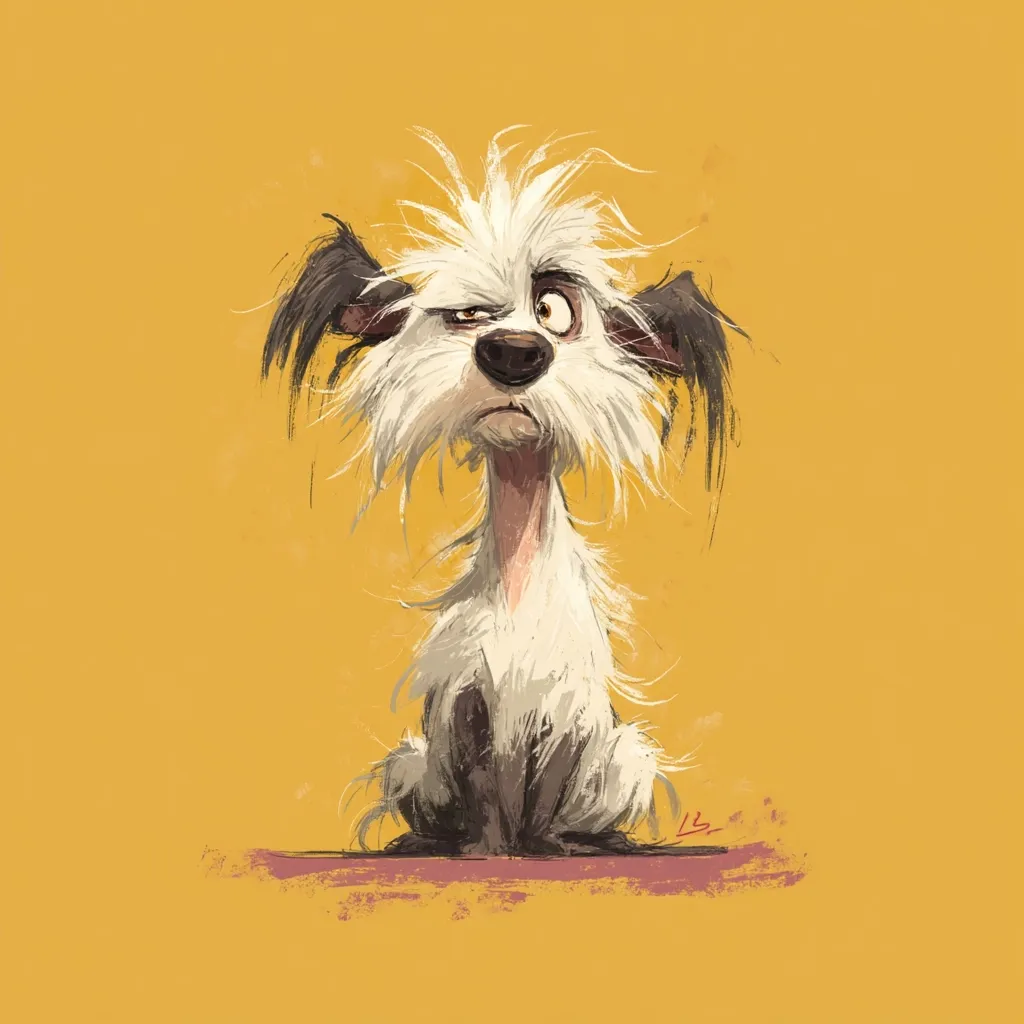 A stylized illustration depicts a scruffy, long-haired dog sitting against a mustard-yellow background.  The dog has a somewhat grumpy expression, one eye half-closed, and its fur is depicted with a messy, unkempt texture.  The overall style is cartoonish and whimsical, with loose brushstrokes adding to the artistic effect. The dog's posture is slightly hunched, contributing to its slightly melancholic appearance.