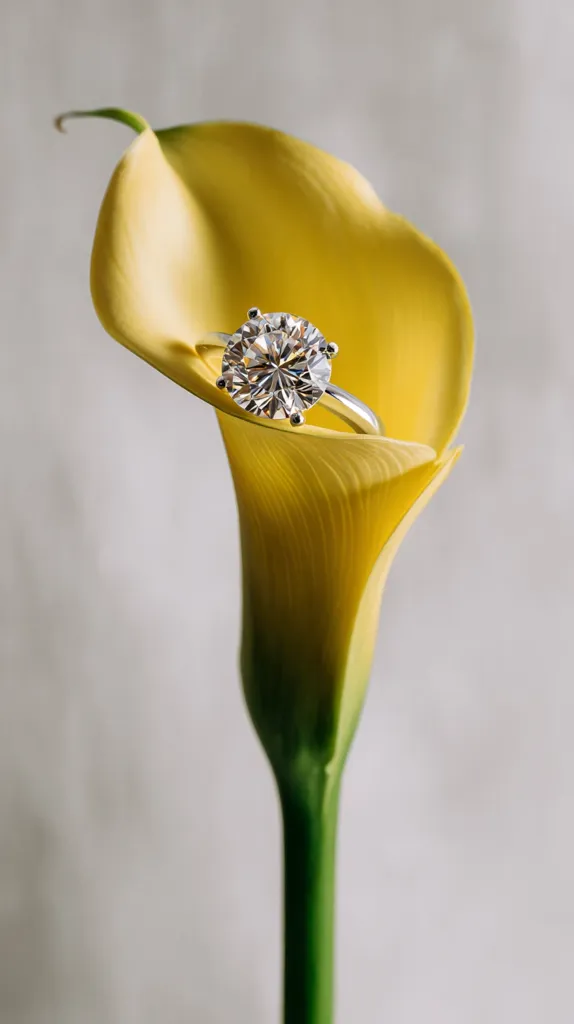 A sparkling diamond ring rests delicately within the pale yellow petals of a calla lily. The flower's smooth, curved form provides a soft, elegant backdrop for the radiant gemstone. The image's simplicity and soft lighting create a serene and sophisticated mood, ideal for showcasing the beauty of both the ring and the flower. The contrast between the hard, brilliant diamond and the soft, organic flower is visually striking.