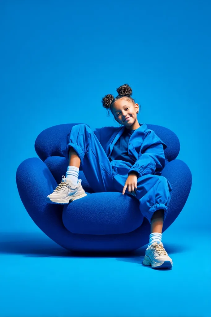 A young girl with her hair styled in two buns sits in a bright blue armchair against a matching blue backdrop. She's dressed in a vibrant blue tracksuit and beige sneakers, showcasing a confident and playful pose.  The overall image is bold and colorful, emphasizing a youthful and energetic vibe.