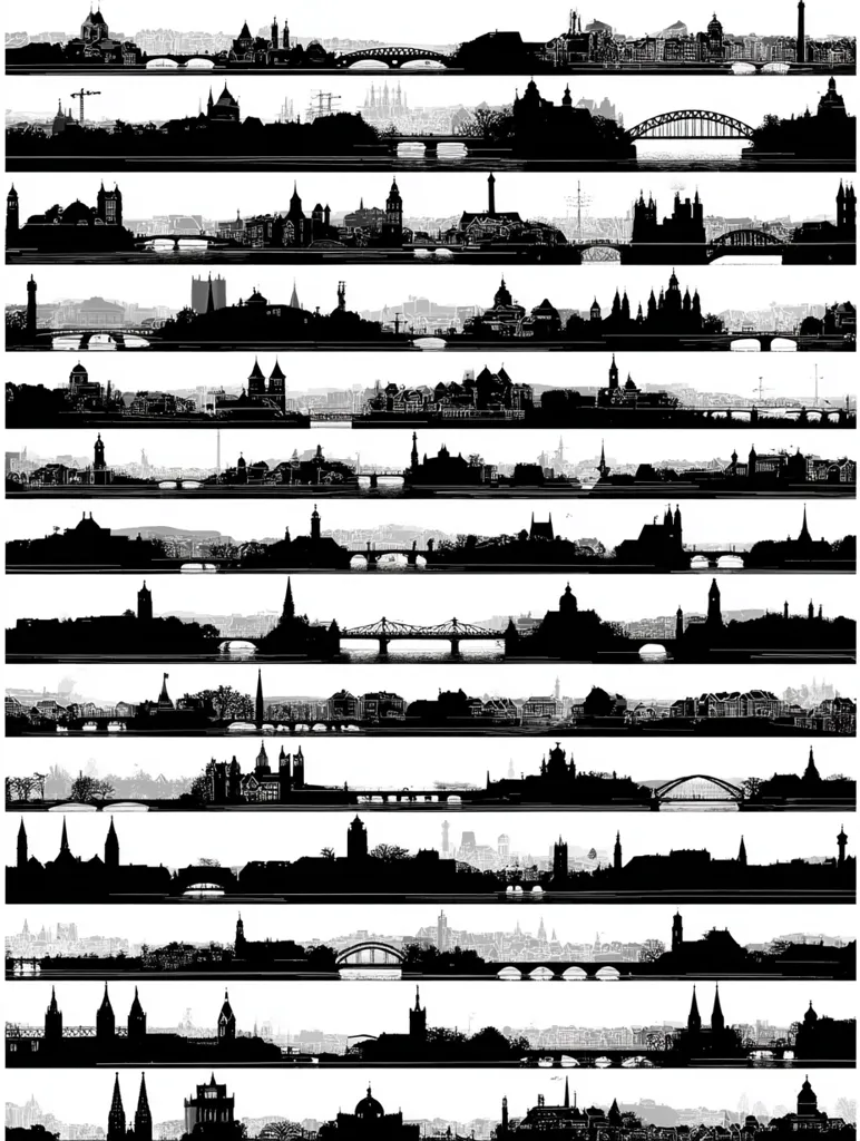 The image shows a series of fifteen horizontal black-and-white silhouettes of city skylines.  Each skyline features various buildings, bridges, and water, creating a repeating pattern.  The style is simple and graphic, focusing on the overall shape and structure of each cityscape.  The consistent use of black silhouettes against a white background creates a unified visual effect.