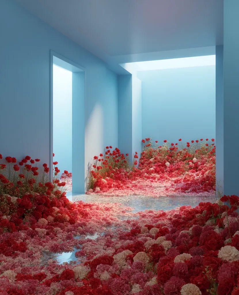 A serene, minimalist room bathed in pale blue light is overflowing with a profusion of red and pink carnations.  The flowers carpet the floor and spill from alcoves, creating a lush, immersive floral landscape.  Open doorways offer glimpses into other spaces, maintaining the ethereal and dreamlike atmosphere.  The overall effect is one of delicate beauty and tranquil abundance.