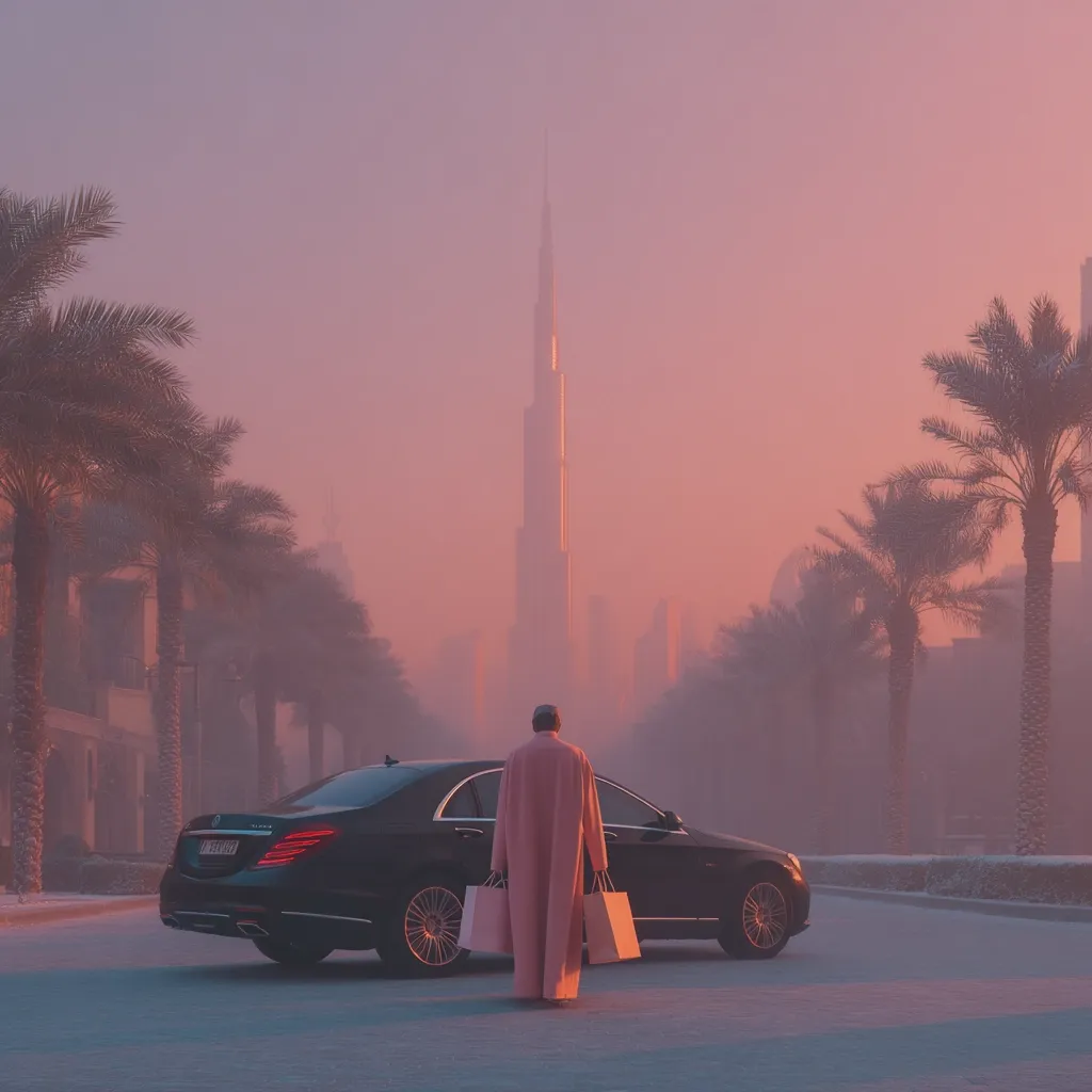 A person in a pink abaya walks away from a black Mercedes-Benz S-Class, carrying shopping bags.  The car is parked on a tree-lined street, with the Burj Khalifa visible in the hazy, pinkish sunrise background.  The scene evokes a sense of luxury and tranquility in a modern Middle Eastern city.