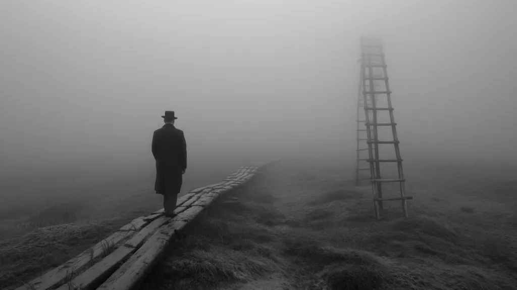 A lone man in a hat and overcoat walks away along a wooden path shrouded in dense fog.  A tall wooden ladder stands to the right, seemingly leading to nowhere. The monochromatic image evokes a feeling of isolation and mystery, the fog obscuring the surroundings and adding to the sense of the unknown. The scene is bleak yet strangely beautiful in its simplicity.