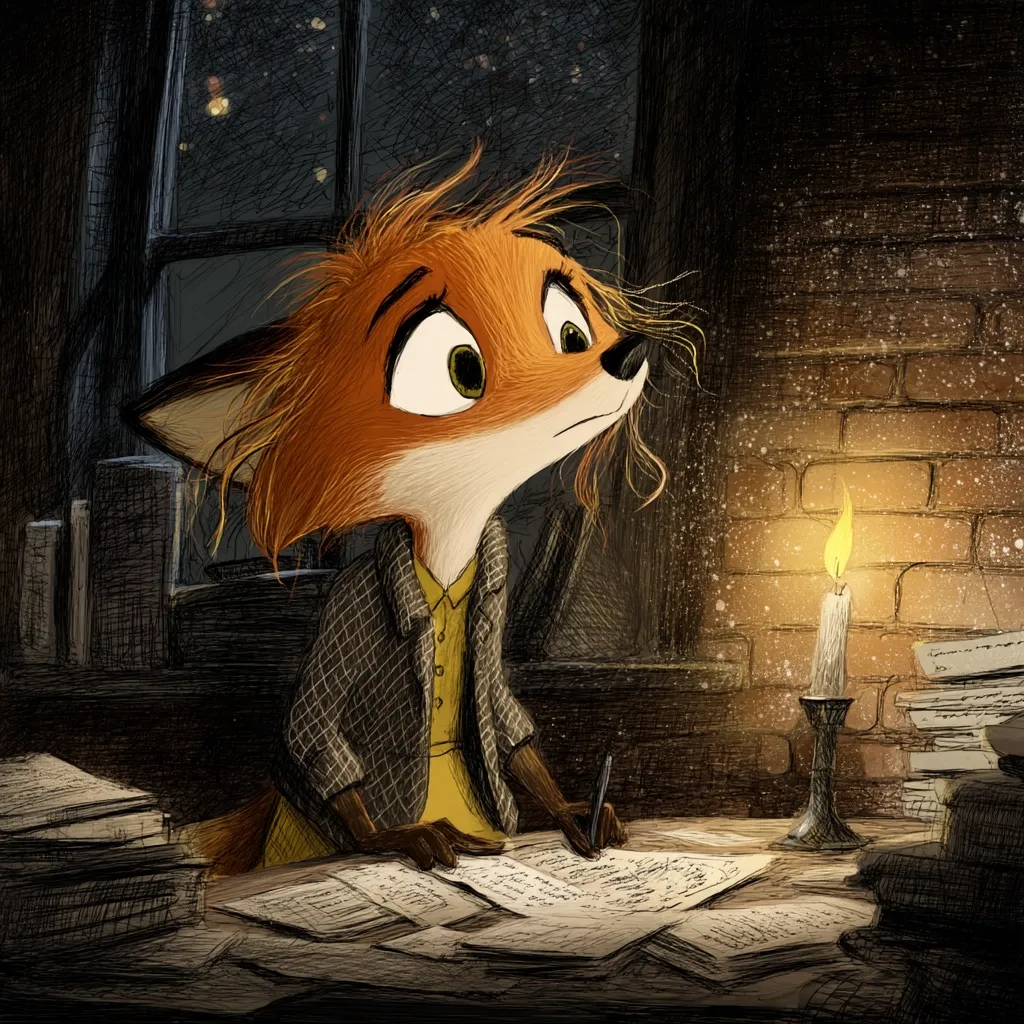A fox, with a thoughtful expression, sits at a dimly lit desk, surrounded by stacks of papers.  A single candle casts a warm glow on the scene, illuminating her as she writes intently.  The nighttime view outside the window adds to the quiet, contemplative atmosphere.  The artwork features a textured, slightly sketchy style, emphasizing the cozy, intimate setting.