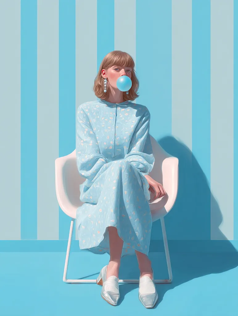 A young woman with short blonde hair sits in a modern white chair against a blue and white striped wall. She's wearing a light blue floral dress and silver shoes, and blows a large bubble of blue bubblegum. The overall aesthetic is clean, minimalist, and slightly surreal.  The scene is bathed in soft light, enhancing the pastel color palette.