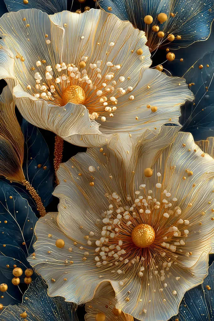 A close-up reveals two exquisite, pale flowers adorned with delicate gold lines.  Their centers are a vibrant gold, surrounded by numerous small, off-white accents.  The flowers contrast beautifully against a deep teal background speckled with gold, creating a luxurious and elegant visual effect. The image suggests a sophisticated, artistic rendering or a high-quality print.