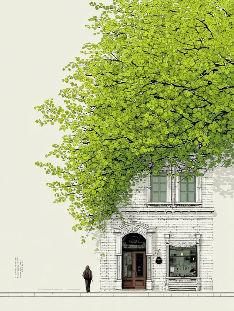 A charming illustration depicts a brick building with a shop front partially obscured by a lush, green tree.  A single person walks away from the building, adding a sense of solitude. The architectural details of the building are meticulously rendered, contrasting with the softer, more painterly style of the tree. The overall aesthetic is serene and peaceful, conveying a quiet moment in a city setting.