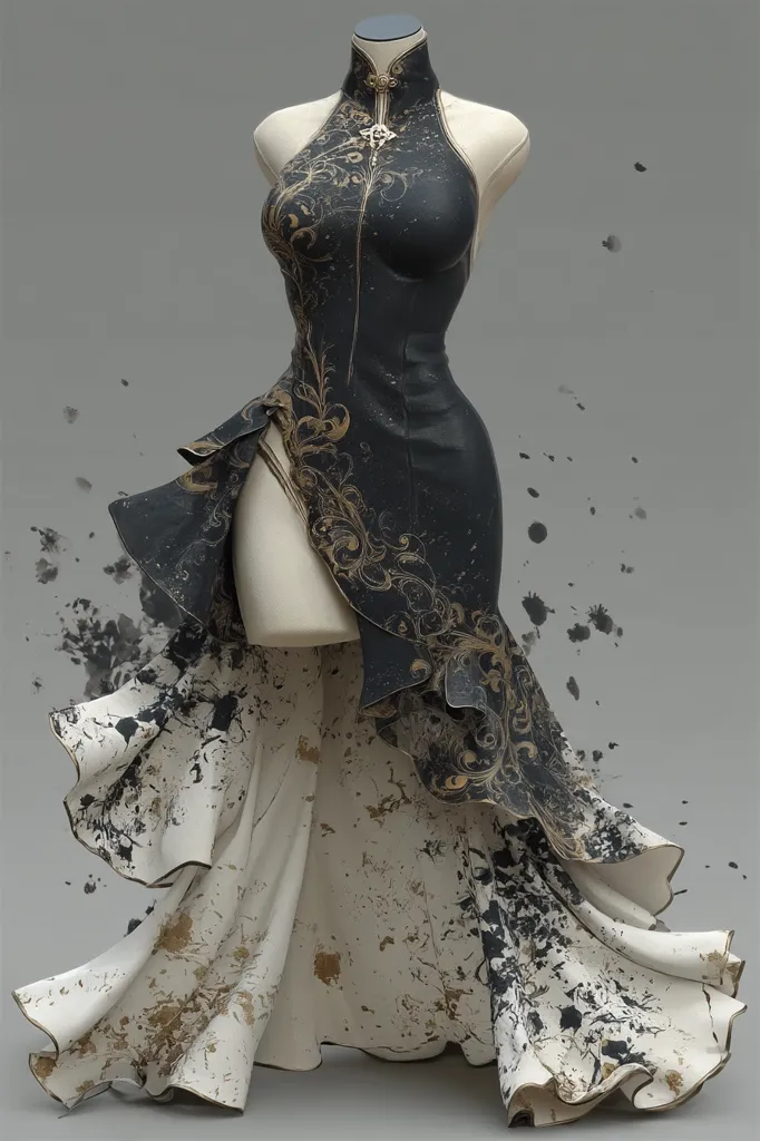 A stunning, dark dress with gold detailing is displayed on a mannequin.  The high-necked, form-fitting bodice flows into a dramatic, ruffled skirt. The lower portion of the skirt features a contrasting off-white fabric with splatters of black and gold, creating a visually striking effect.  The overall style is elegant yet unconventional, suggesting a blend of traditional and modern design elements.